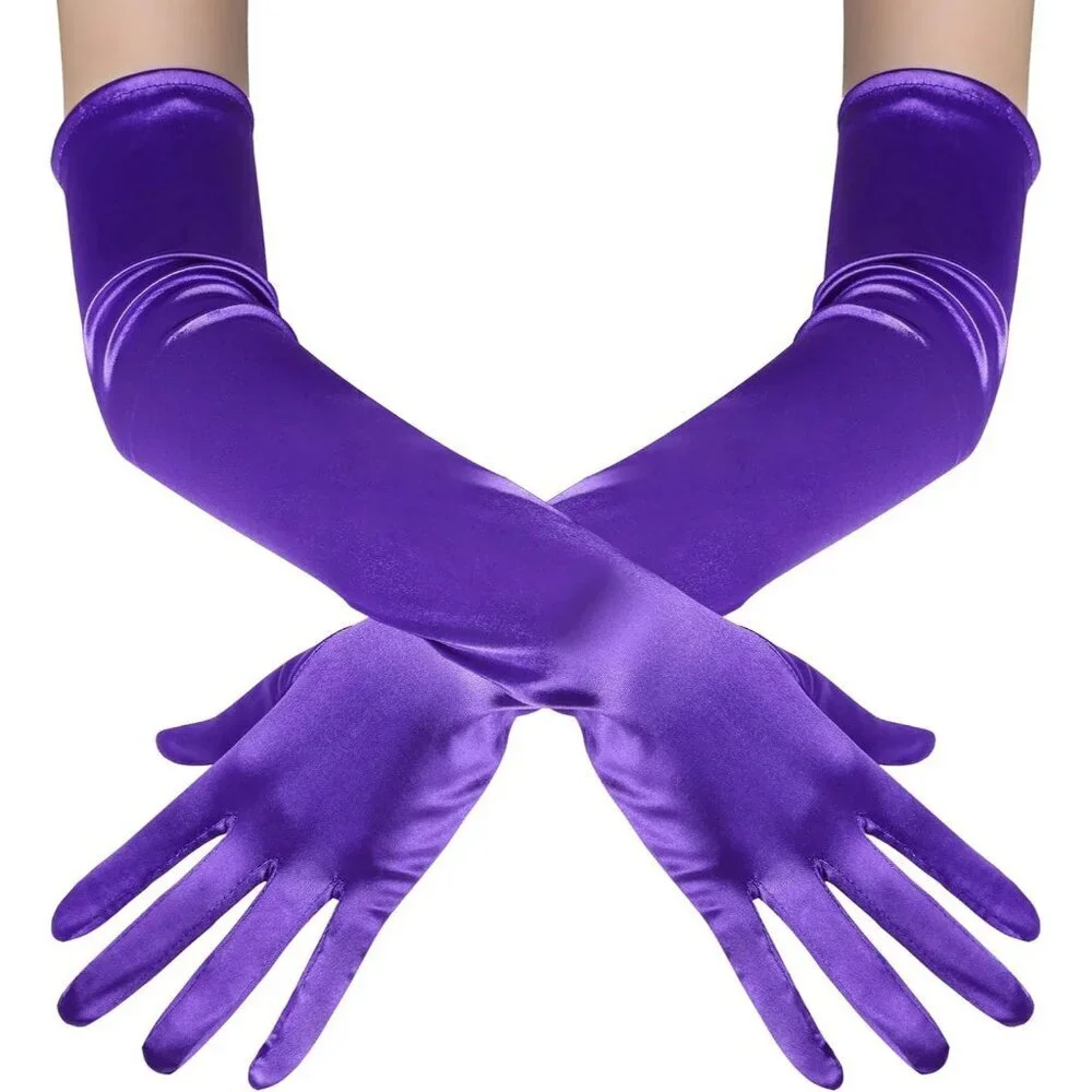 Women's Purple Vintage Satin Long Gloves Party Costume Stretchy Elbow Length